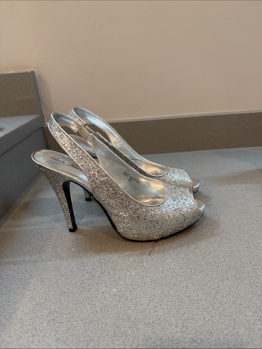 Lulu Townsend Silver Glitter Slingback Peep-Toe Heels